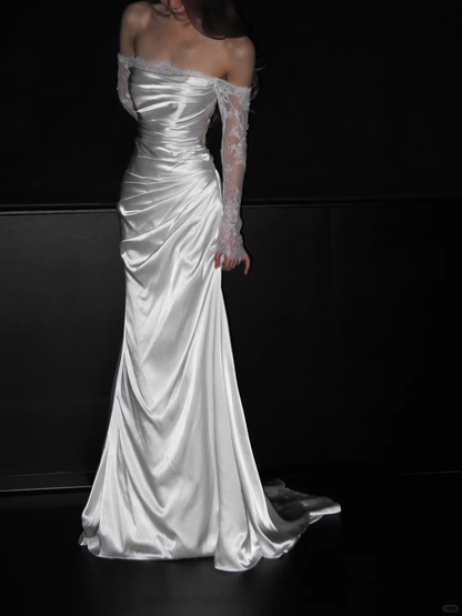 Gentle Mermaid Long Sleeve White Lace Satin Long Wedding Dress Prom Dress DP4410