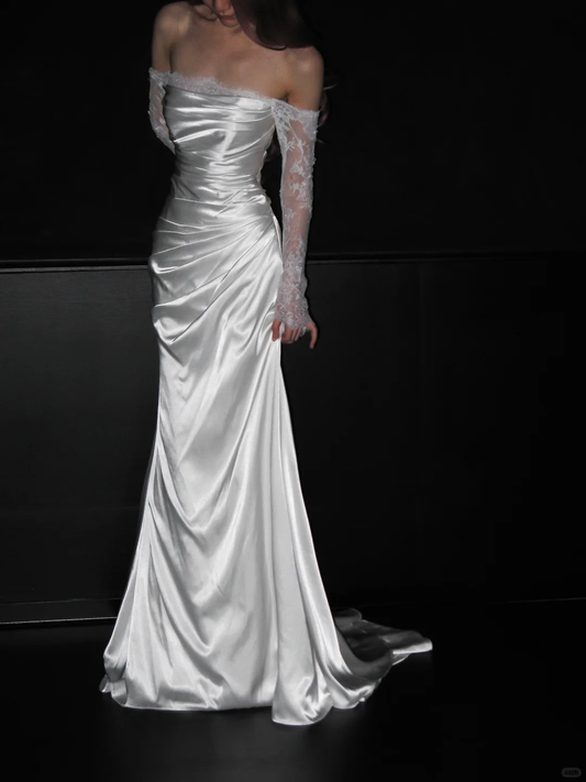 Gentle Mermaid Long Sleeve White Lace Satin Long Wedding Dress DP4410