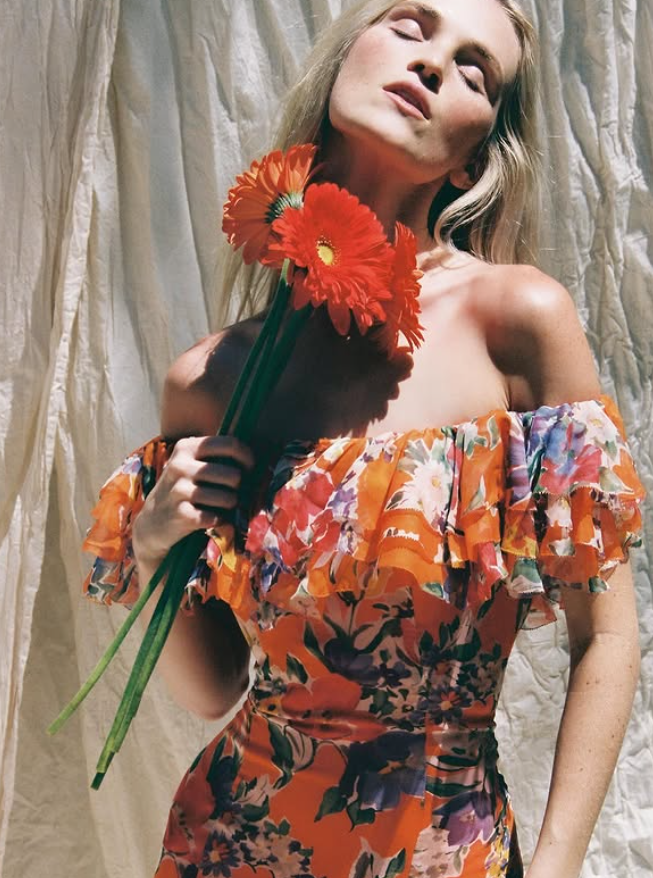 Mermaid Off the Shoulder Print Floral Orange Chiffon Long Prom Dress Party Dress DP3778