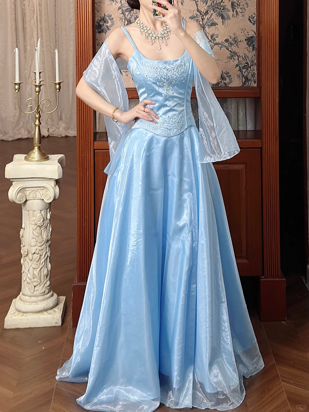 Vintage Blue A Line Embroidery Organza Satin Long Prom Dress Evening Dress DP5616