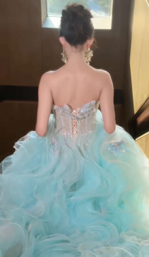 Stunning Blue Ball Gown Strapless Beaded Ruffle Organza Long Prom Dress DP4610