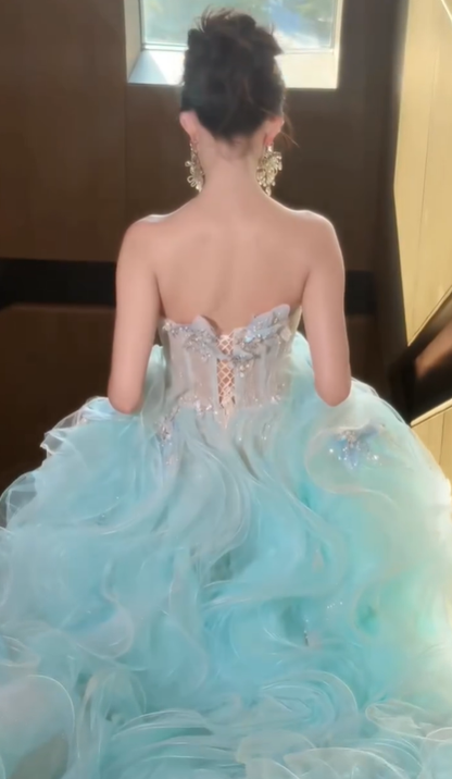 Stunning Blue Ball Gown Strapless Beaded Ruffle Organza Long Prom Dress DP4610