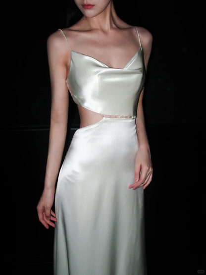 White Pearl A Line Spaghetti Strap Satin Long Wedding Dress DP5783