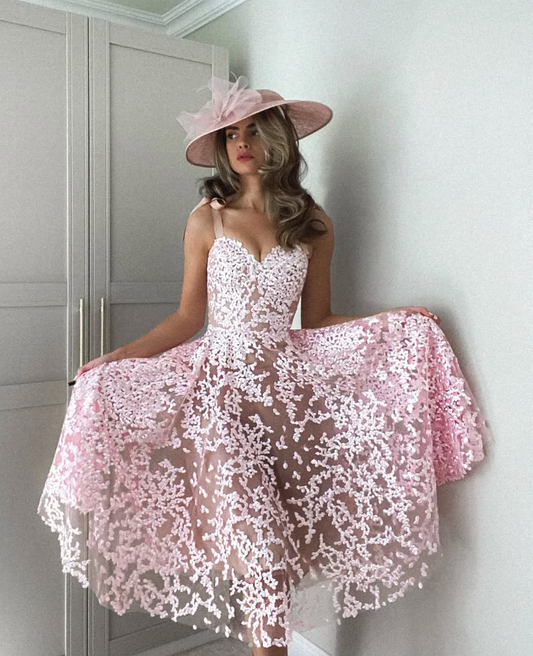 Princess A Line Straps Appliques Pink Tulle Prom Dress Evening Dress DP1720