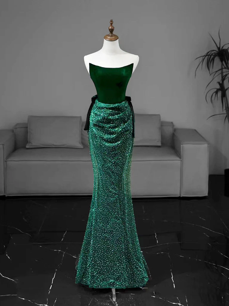 Strapless Mermaid Tulle Sequin Velvet Green Long Prom Dress Formal Evening Dress DP373