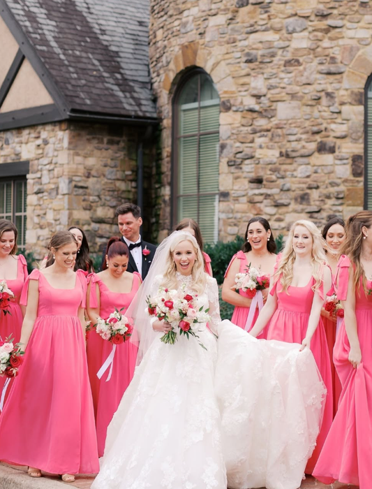 Stunning Pink Bow A Line Straps Chiffon Long Bridesmaid Dress DP4976
