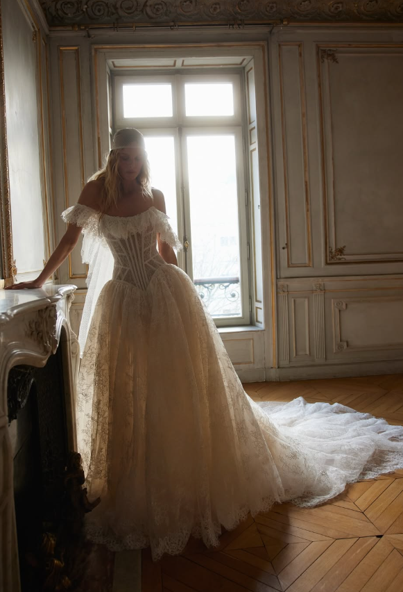 Royal Ball Gown Off the Shoulder Corset White Lace Long Train Wedding Dress DP5832