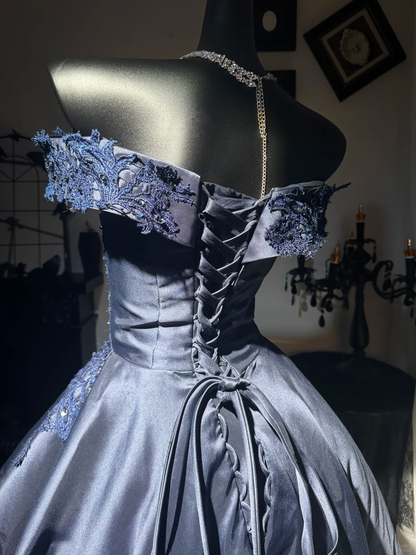Navy Blue A Line Off the Shoulder Applique Satin Short Prom Dress Homecoming Dress DP6974