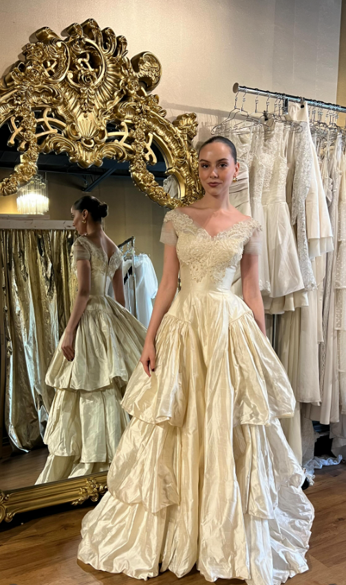 Vintage A Line V Neck Apricot Layered Satin Wedding Dress DP5219