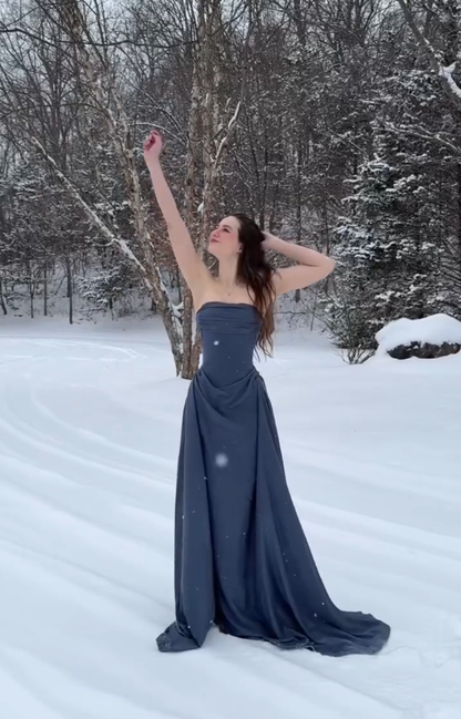 Simple A Line Strapless Grey Satin Long Prom Dress Graduation Prom Dress DP4872