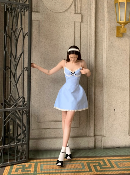 Baby Blue A Line Spaghetti Straps Lace Satin Short Homecoming Dress Cocktail Dress DP2879