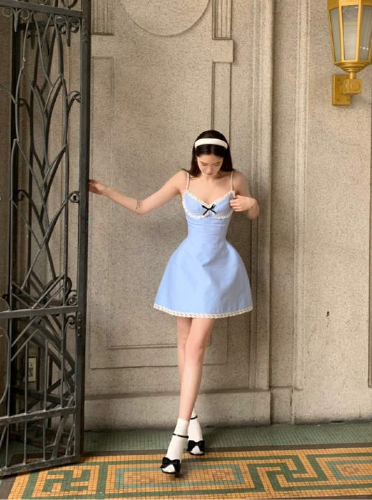 Baby Blue A Line Spaghetti Straps Lace Satin Short Homecoming Dress Cocktail Dress DP2879
