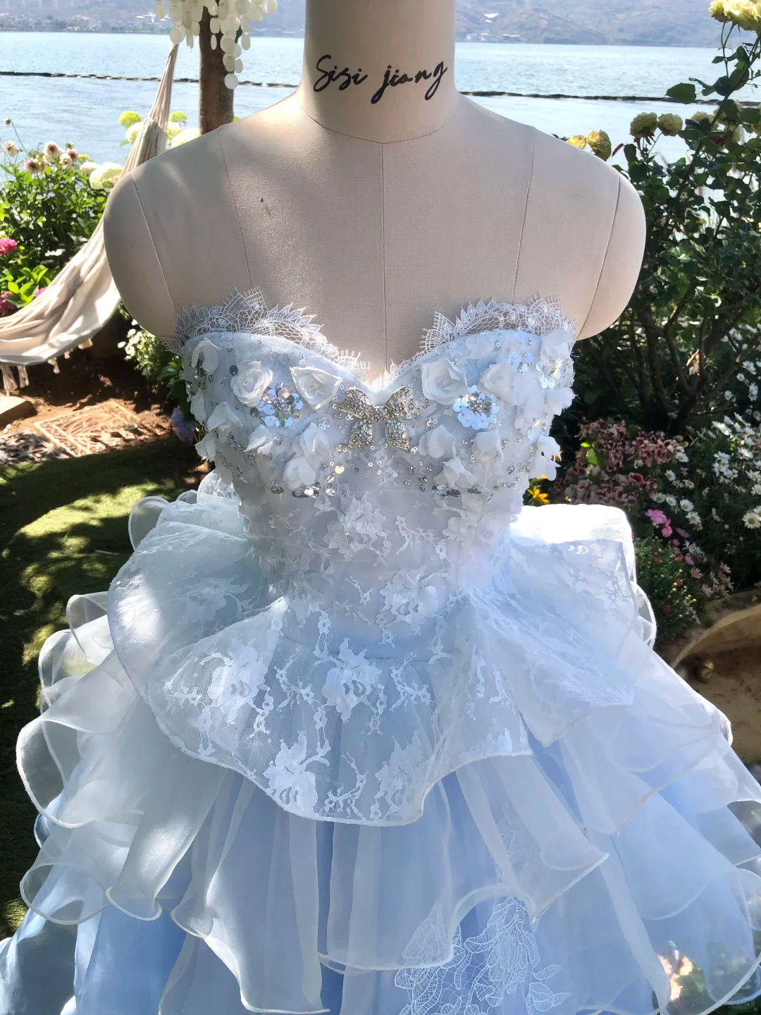 Baby Blue A Line Strapless Lace Layered Organza Short Prom Dress Homecoming Dress DP5462