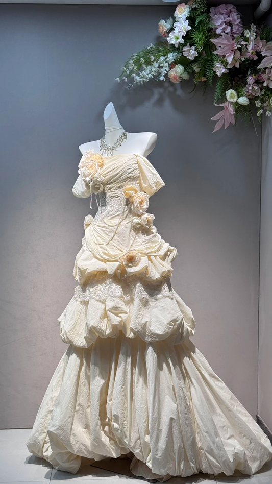 Princess Ivory Ball Gown Off the Shoulder Layered Satin Long Prom Dress 16th Birthday Dress DP5389