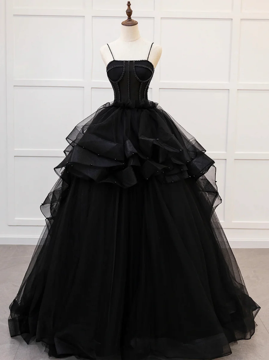 Black Spaghetti Strap Tulle Beaded Long Prom Dress Tulle Layers Ball Gown DP392