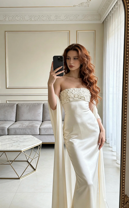 Elegant Iovry A Line Floral Satin Long Prom Dress Evening Dress DP5149