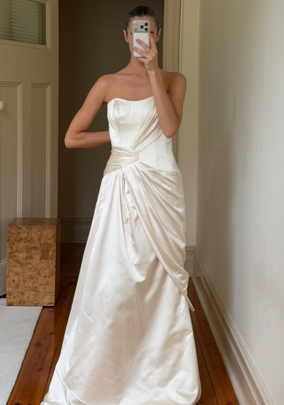 Vintage A Line One Shoulder Ivory Satin Long Wedding Dress DP7695