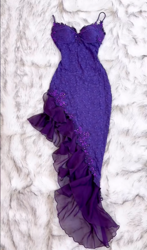 Dark Purple Vintage Sheath Appliques Ruffle Chiffon Lace Prom Dress DP5157