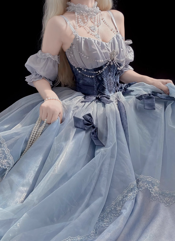 Stunning Blue Bow A Line Lace Tulle Lolita Goth Boning Dress Prom Dress DP4505