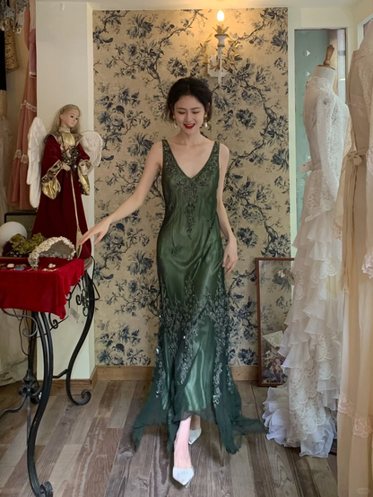 Vintage Mermaid V Neck Beaded Dark Green Chiffon Satin Prom Dress Party Dress DP3705