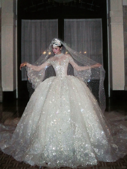 Shiny Ball Gown Long Sleeve Beaded Sequin White Tulle Prom Dress Wedding Dress DP4242