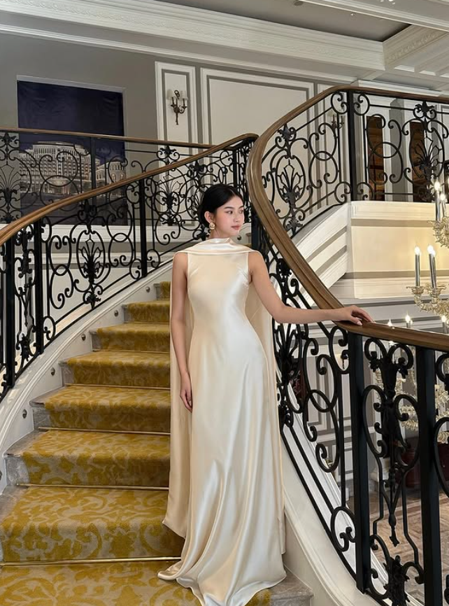 Gentle Ivory A Line Round Neck Beaded Satin Long Prom Dress 16th Birthday Dress DP3970
