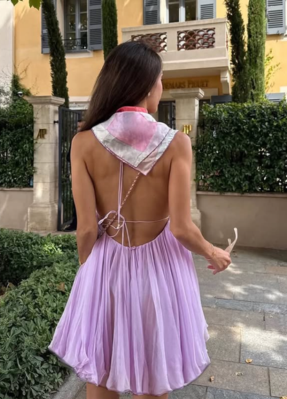 Purple A Line Spaghetti Straps Chiffon Backless Short Outfits Vacation Dress DP4881