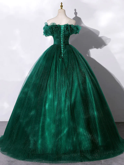 Green Tulle Off The Shoulder Folds Long Prom Dress Princess Evening Dress Ball Gown DP141