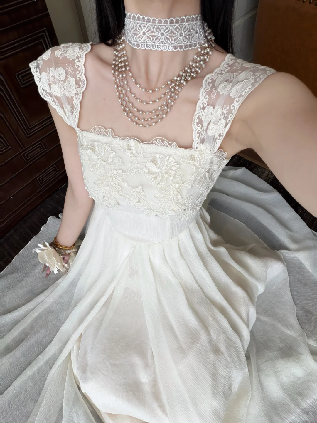 Gentle White A Line Straps Lace Chiffon Prom Dress Evening Dress DP6455