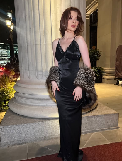 Sexy Sheath Spaghetti Strap Lace Satin Long Prom Dress Wedding Guest Dress DP4319