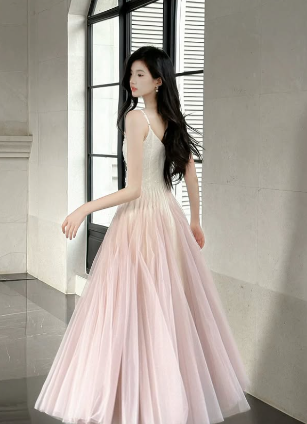 Princess Pink Ombre A Line Straps Floral Tulle Prom Dress Evening Dress DP5264