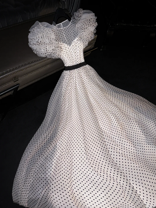 Polka Dots A Line Puff Sleeve Tulle Long Prom Dress Evening Dress DP2027