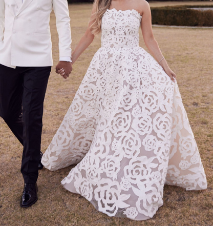 Elegant A Line Strapless Floral Satin Tulle Long Wedding Dress DP1751