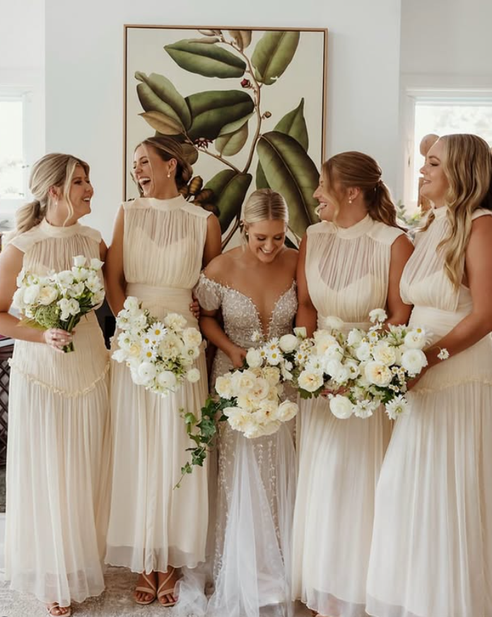 Elegangt Beige A Line Round Neck Chiffon Long Bridesmaid Dress DP5107