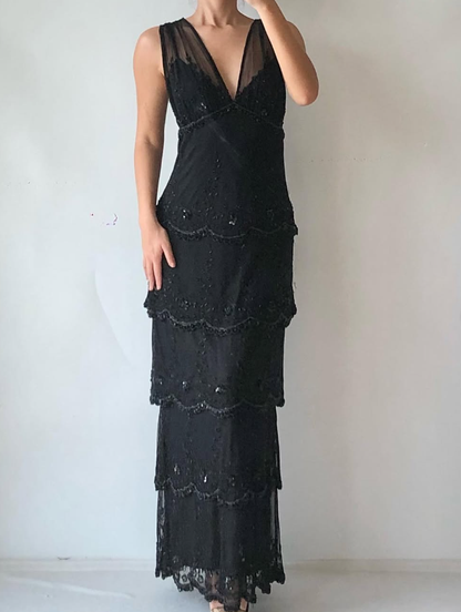 Vintage Sheath V Neck Beaded Tiered Black Chiffon Prom Dress Evening Dress DP1717