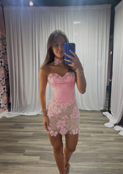 Pink Sheath Sweetheart Neck Beaded Appliques Satin Short Prom Dress Homecoming Dress DP7127
