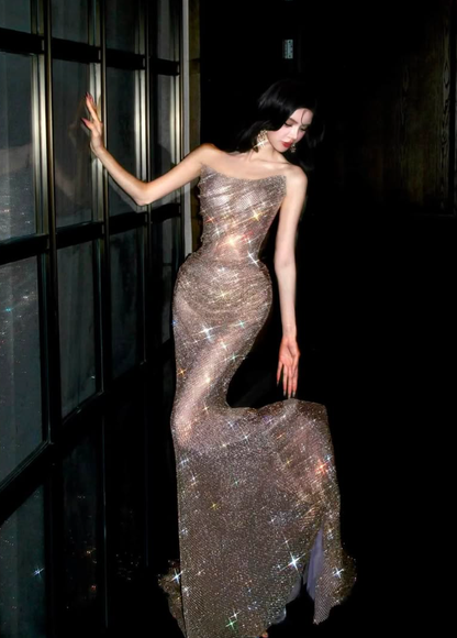 Shiny Gold-brown Mermaid Strapless Sequin Long Prom Dress Evening Dress DP6626