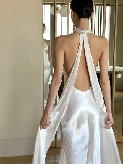 Charming Mermaid Halter White Satin Open Back Long Wedding Dress DP4374