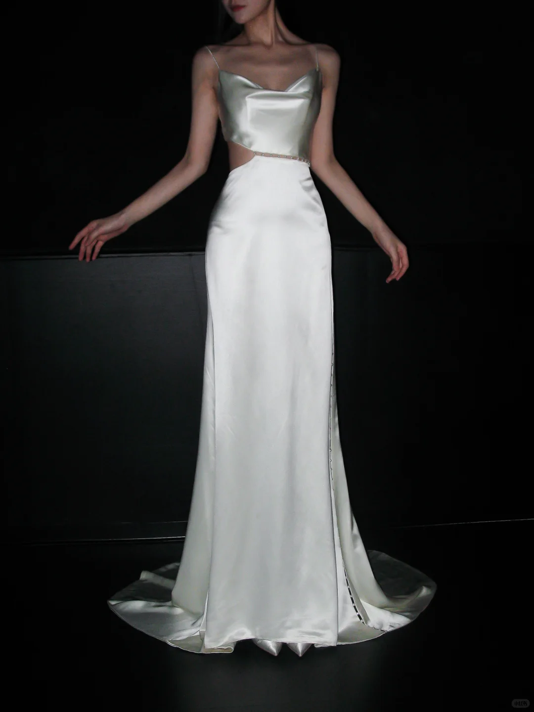 White Pearl A Line Spaghetti Strap Satin Long Wedding Dress DP5783
