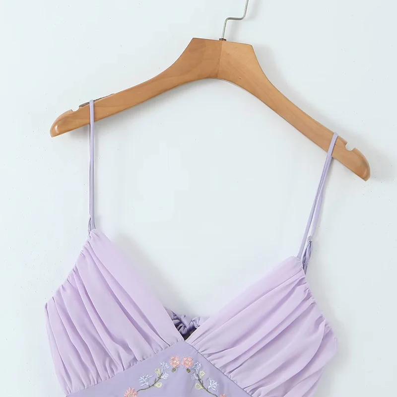 Purple A Line Spaghetti Straps Floral Embroidery Satin Mini Dress Homecoming Dress DP1357