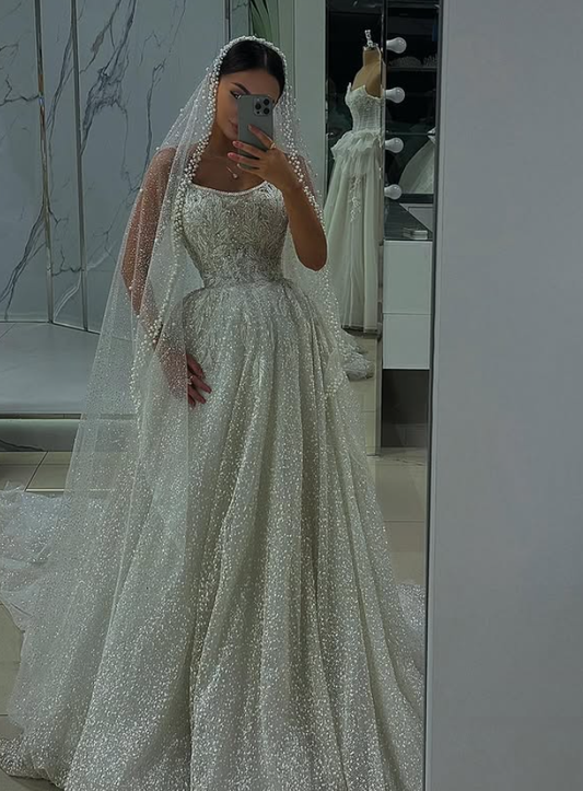 Shiny Ball Gown Spaghetti Strap Beaded Sequin Tulle Long Prom Dress Wedding Dress DP6068