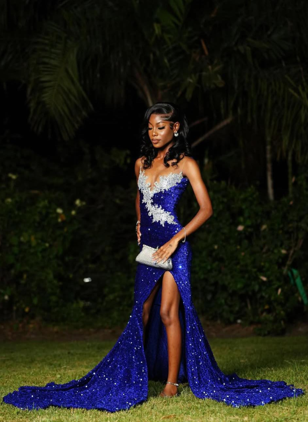 Royal Blue Mermaid Strapless Beaded Sequin Velvet Long Prom Dress with Slit DP5058