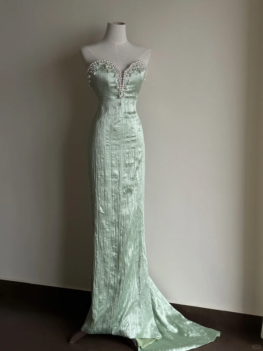 Turquoise Sand Sheath Sweetheart Neck Pearl Satin Prom Dress Formal Dress Date Dress DP3441