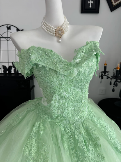 Green Ball Gown Off the Shoulder Bow Applique Tulle Prom Dress Quinceanera Dress DP6953