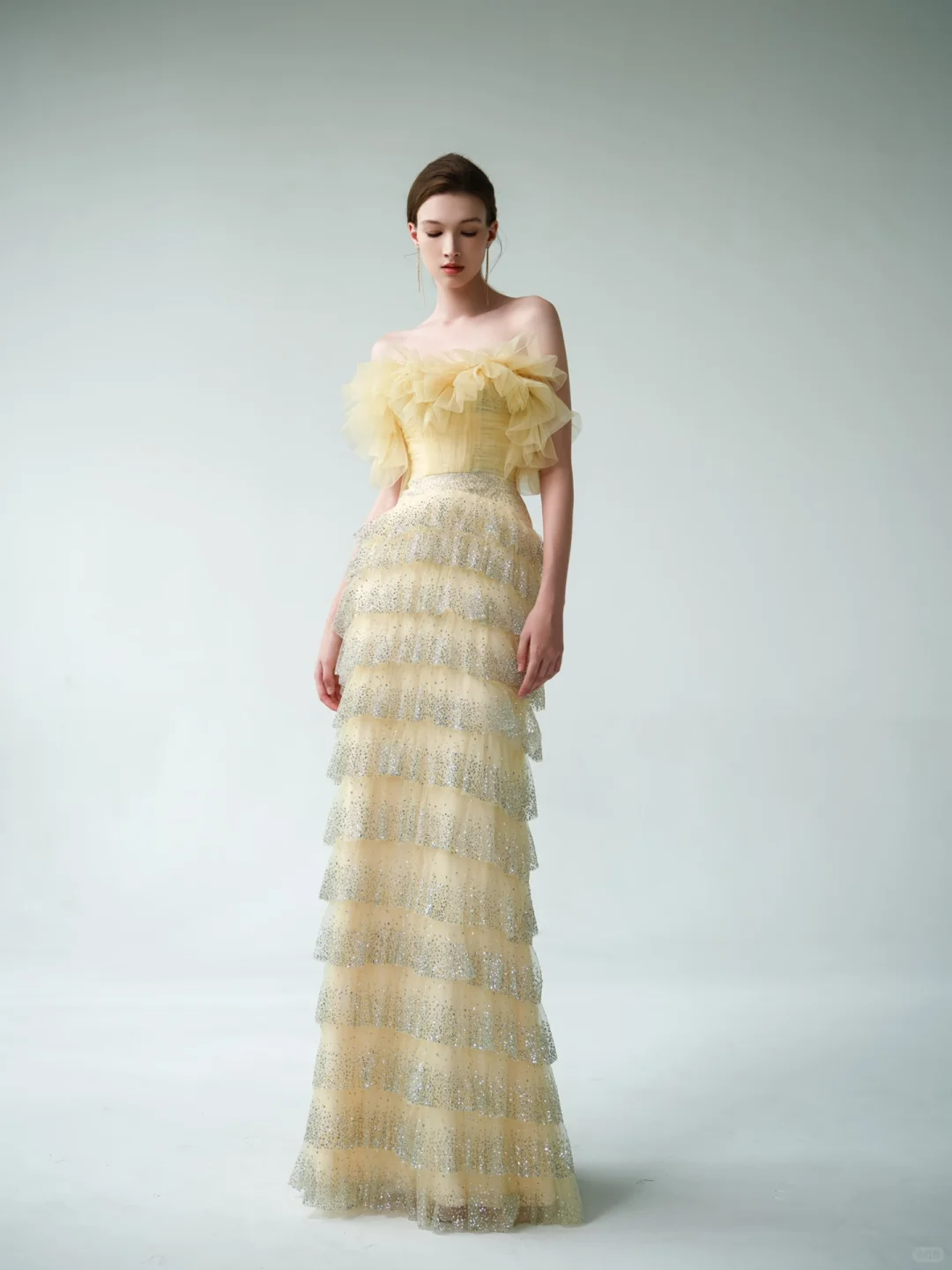 Yellow Sheath Strapless Layered Tulle Sequin Party Dress Prom Dress Formal Gown DP3726