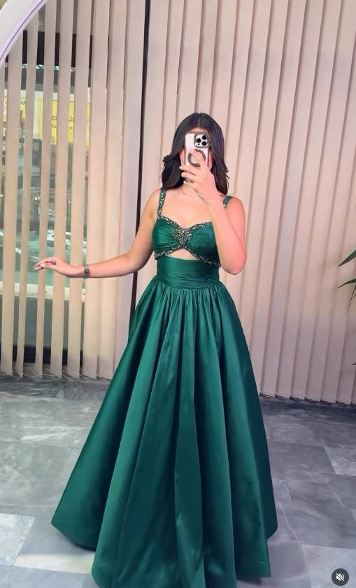 Stunning A Line Straps Beaded Green Satin Long Prom Dress Party Dress DP4133