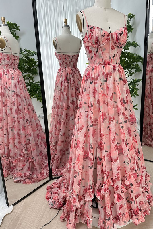 Beautiful Corset Floral Chiffon Prom Dress Slit Ruffles Evening Dress DP172