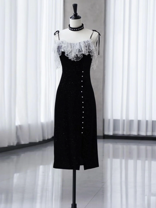 Black Velvet Beaded Sheath Midi Prom Dress Evening Dress DP056