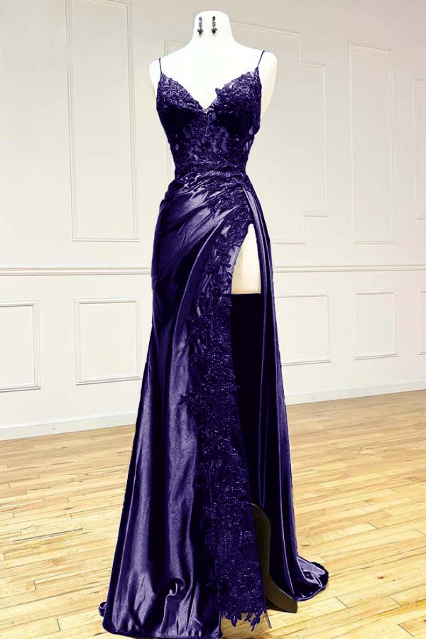 Elegant Spaghetti Straps Prom Dress Black Satin Sheath Appliques Long Formal Evening with Slits DP2125