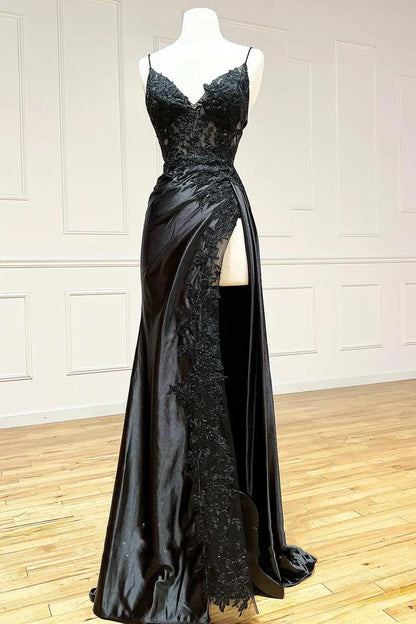Elegant Spaghetti Straps Prom Dress Black Satin Sheath Appliques Long Formal Evening with Slits DP2125